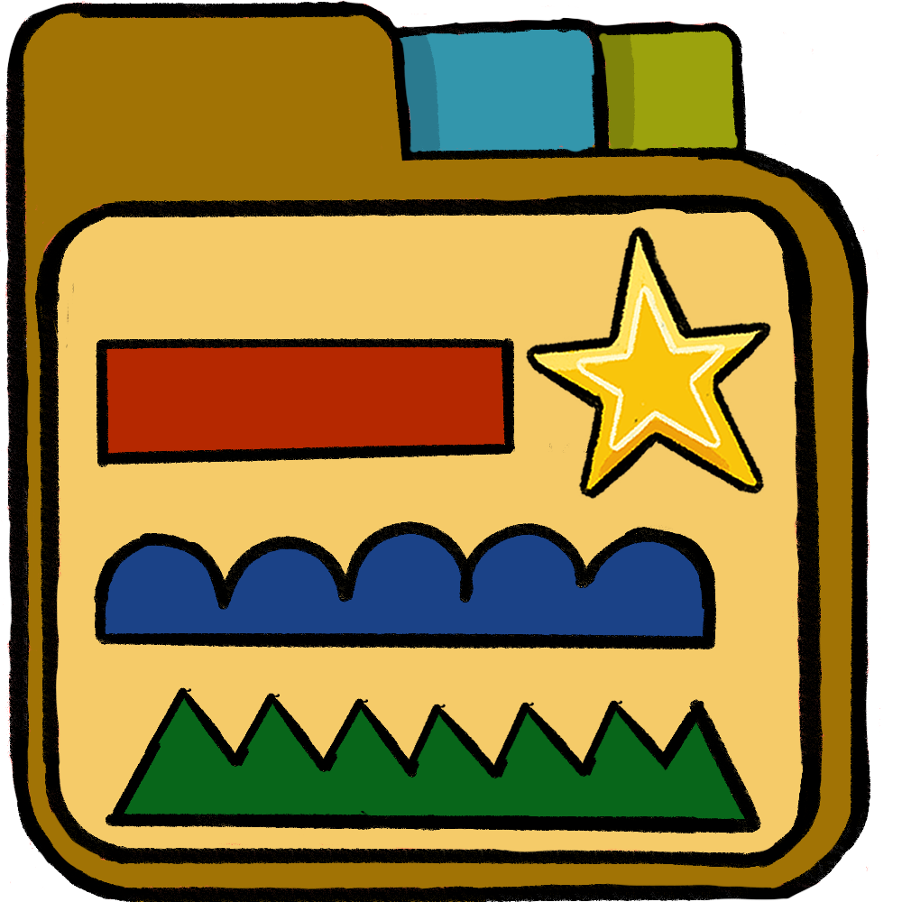 a yellow file folder with a red smooth rectangle, a blue bumpy rectangle, a green spiky rectangle, and a star inside